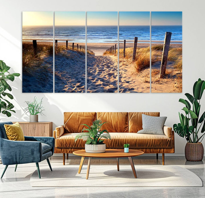 Tropical Beach Sunset Canvas Art, Ocean Waves and Sandy Shoreline Wall Art, Large Beach Decor for Coastal Homes