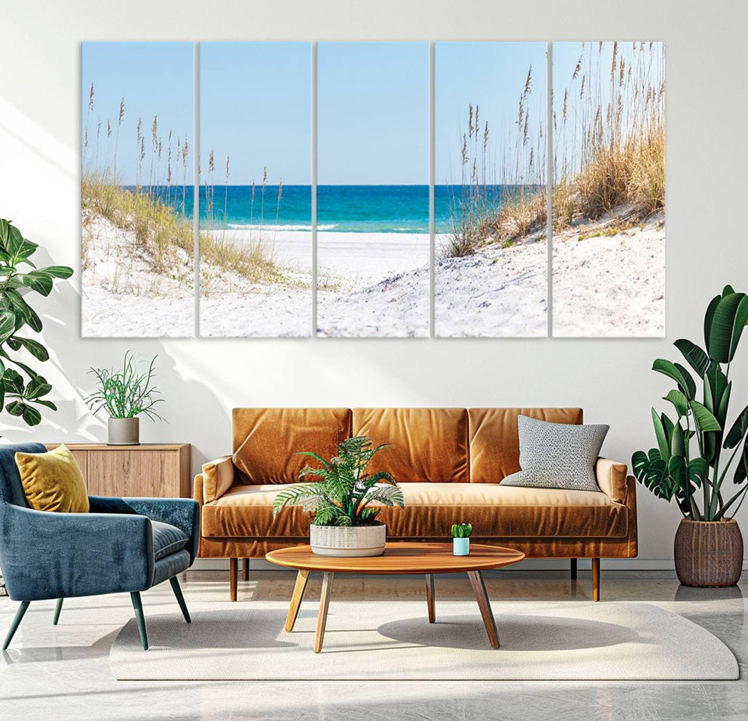 Serene Coastal Dune Path with Ocean View, 3-Panel Beach Canvas Art; tranquil seascape for coastal decor.