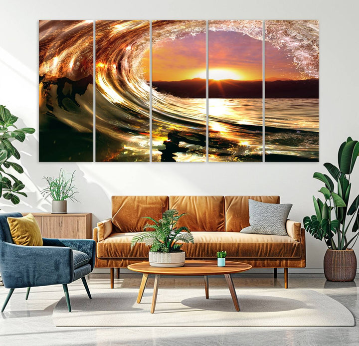 The Golden Wave Sunset Triptych Canvas Art showcases an ocean wave at sunset, casting warm light.