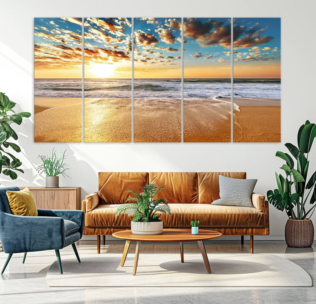 A Golden Sunset Beach giclee triptych canvas hangs prominently.