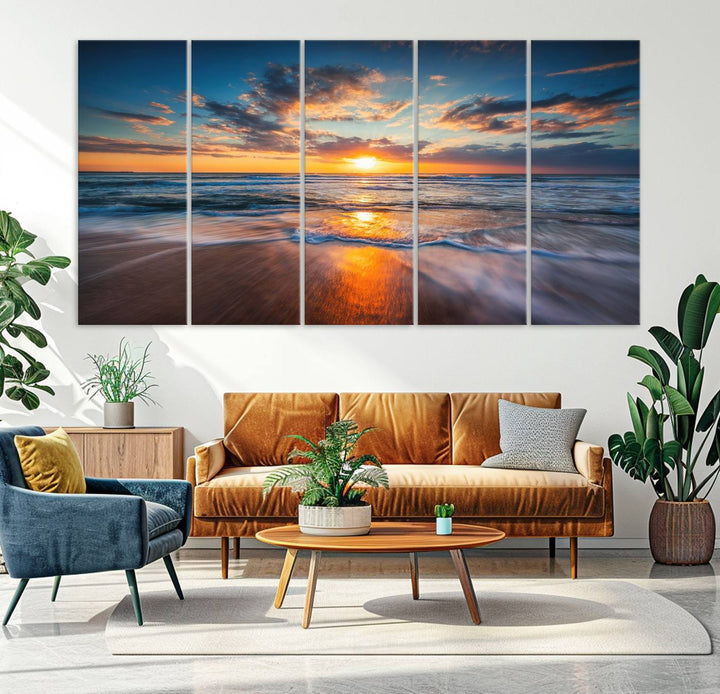 The Sunset on the Ocean canvas adds coastal ambiance to the wooden wall.