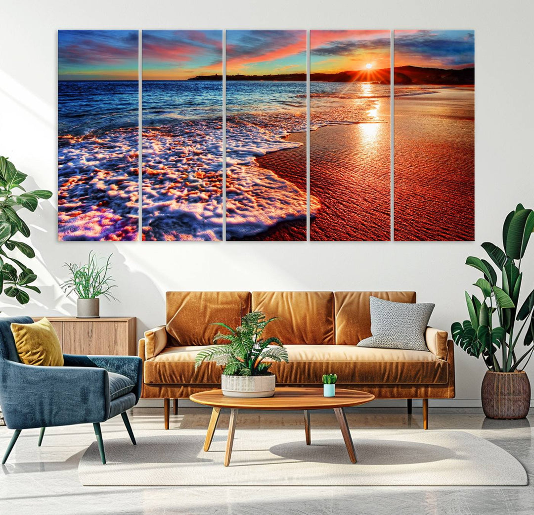 The Colorful Coastal Sunset on the Beach canvas print portrays ocean waves at dusk.