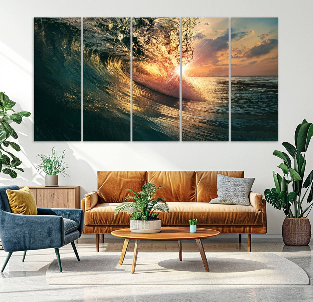 A triptych seascape titled Ocean Wave Sunset Canvas, featuring a stunning ocean view at sunset, is beautifully framed and ready to hang.