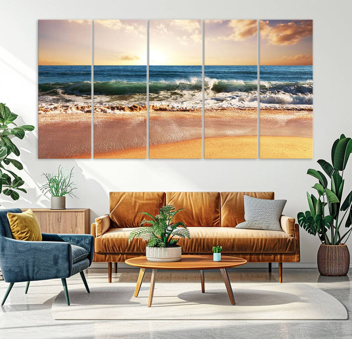 The wall features a Canon-quality Serene Beach Path canvas giclee print, depicting coastal dunes.