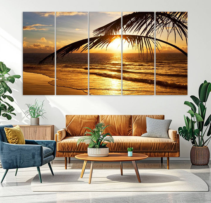 Golden Tropical Beach Sunset Canvas Triptych: Coastal Palm Art & Giclee Print with Gallery Wrap, capturing golden waves.