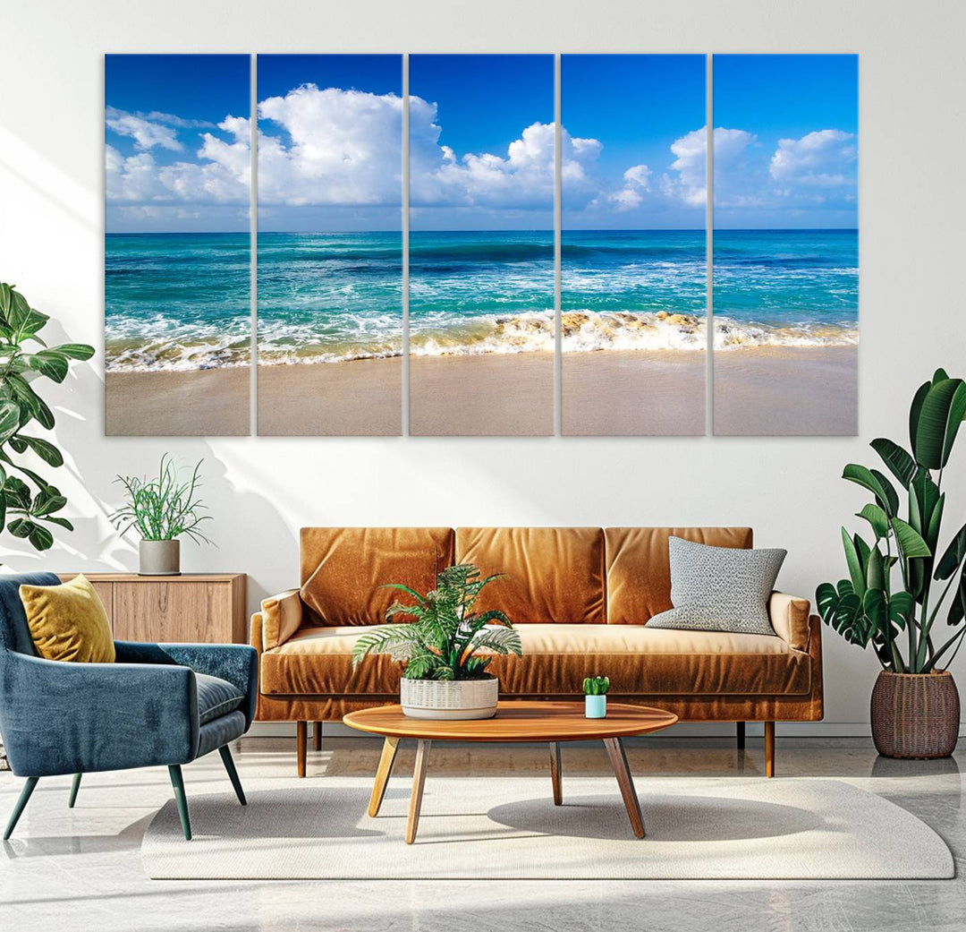 Tropical Beach 3-Panel Canvas Wall Art – Serene Ocean Waves and Blue Sky – Giclée Print for Living Room, Office, or Bedroom Coastal Decor