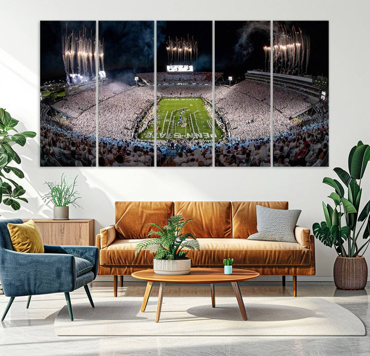 The perfect Penn State Football canvas wall art features a depiction of Beaver Stadium filled with fans in white, with fireworks exploding above.