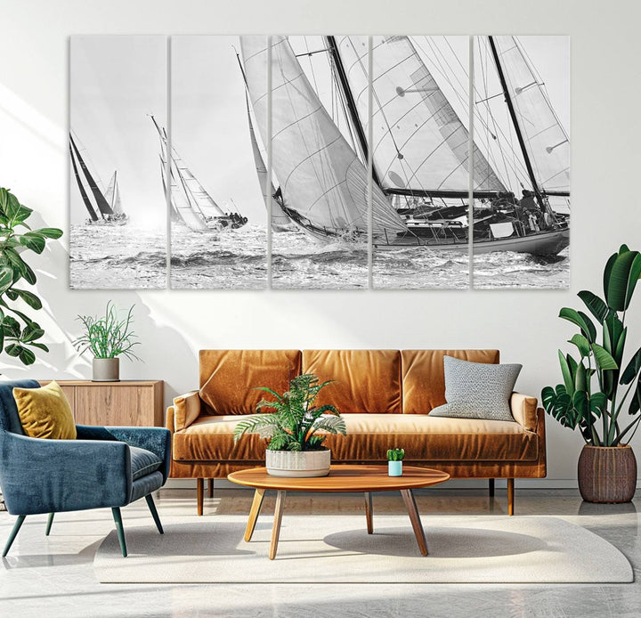 Yacht Sailboat Regatta canvas print on a textured wooden wall.