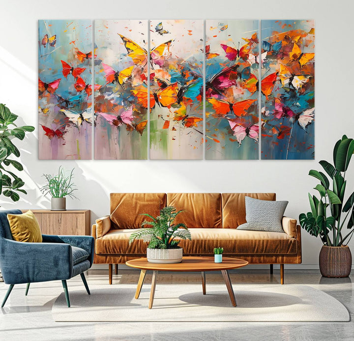 The Abstract Butterfly Wall Art Canvas Print hangs prominently, adding a touch of elegance and creativity to the room.