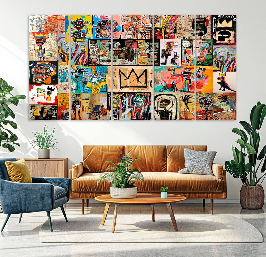 A Basquiat graffiti-style collage adorns the wall.