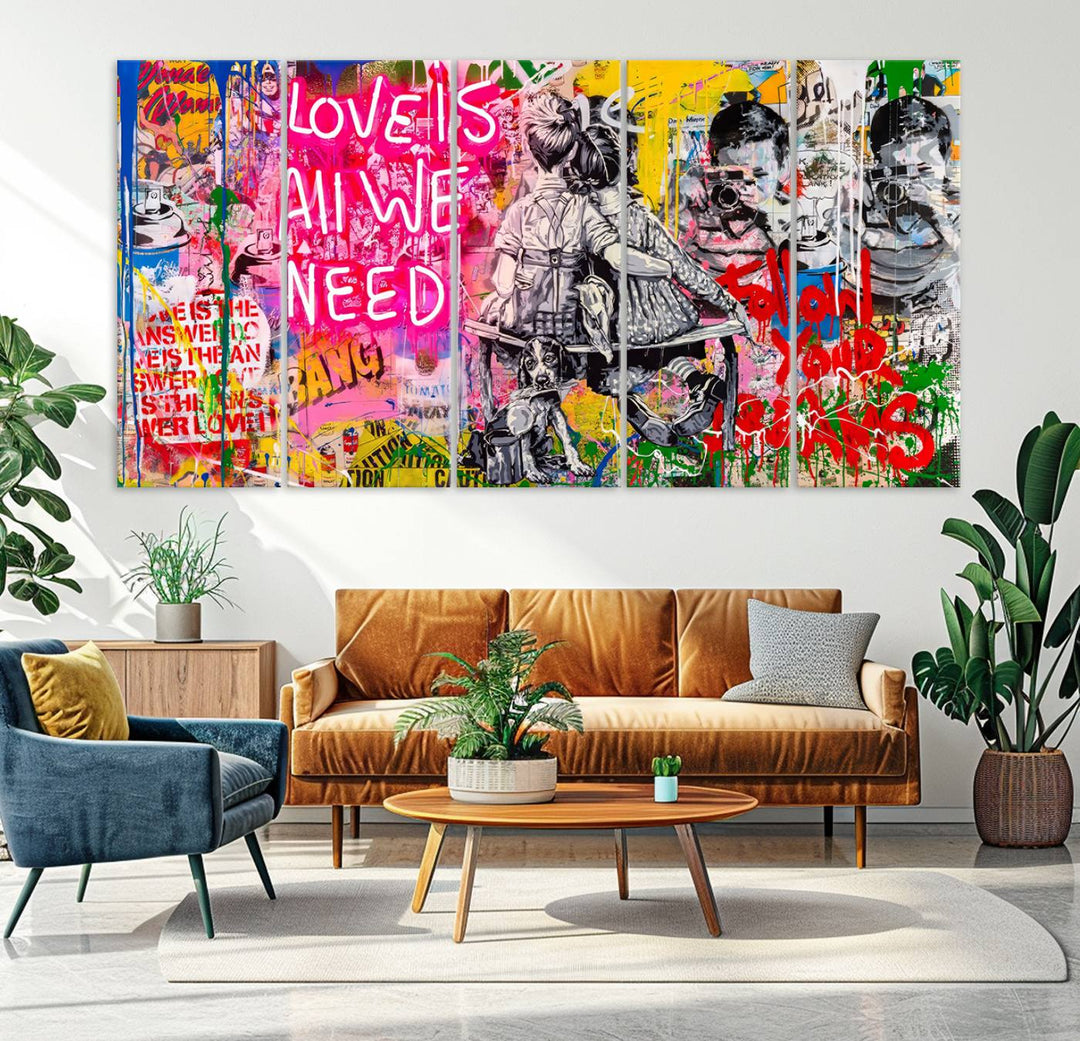 A vibrant and dynamic triptych features distorted horizontal lines, resembling graffiti street art. This artwork conveys the themes of "Follow Your Dreams" and "Love is All We Need" across three colorful panels.