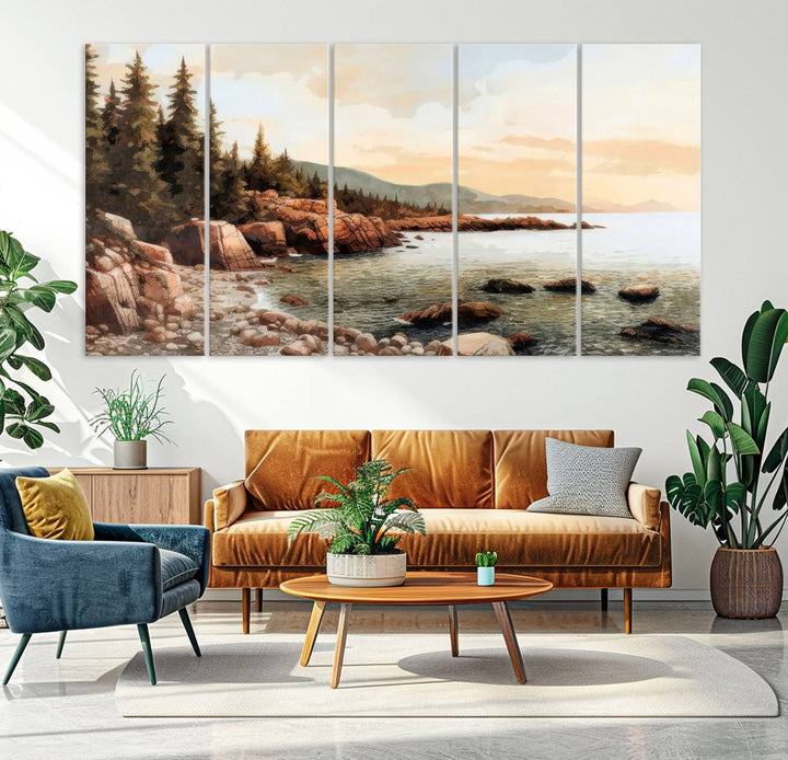 The Serene Coastal View of Acadia National Park 3-panel canvas, framed and ready to hang, adorns the wall.