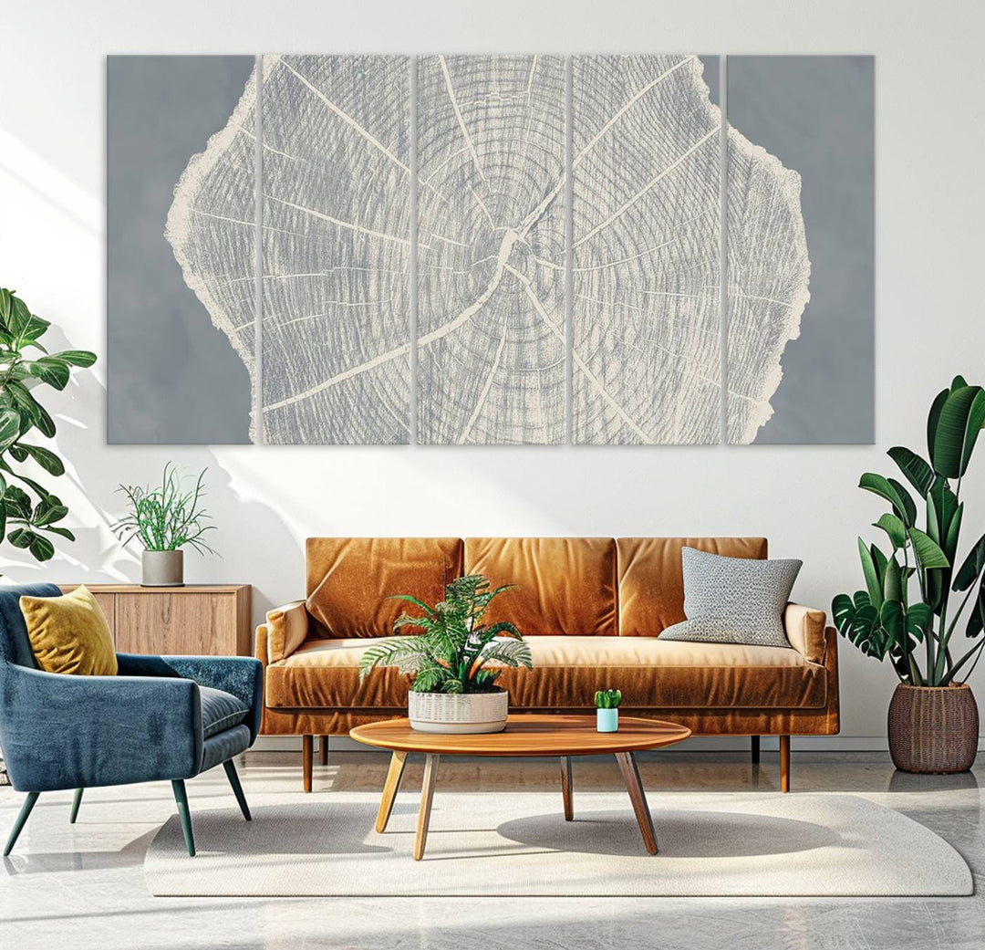 A gray wall displays the Abstract Tree Ring Wall Art print.