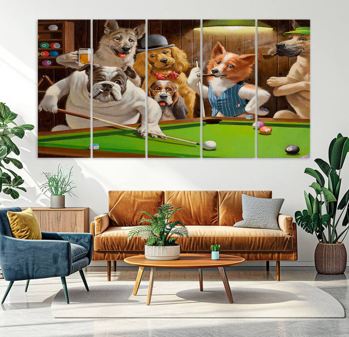 Dogs Playing Pool Canvas Wall Art: This artwork depicts a room where dogs are engaged in a game of pool. One dog is poised to cue while others observe the scene.