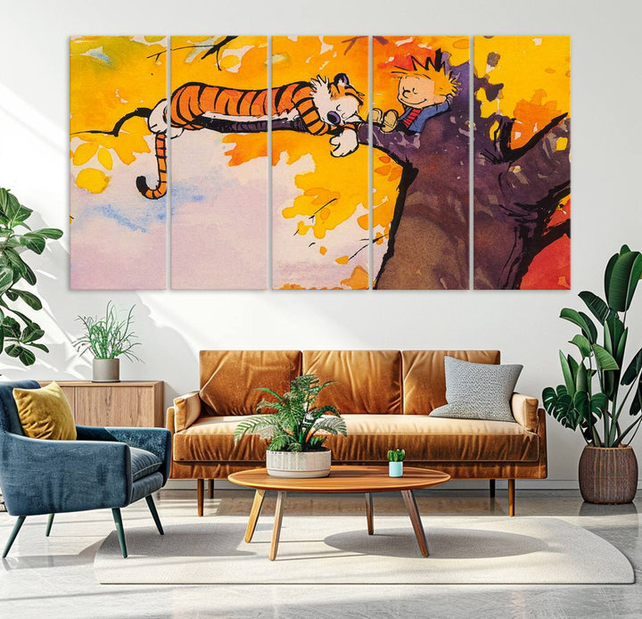 Premium canvas Calvin Wall Arts featuring a boy and tiger relaxing on a branch.