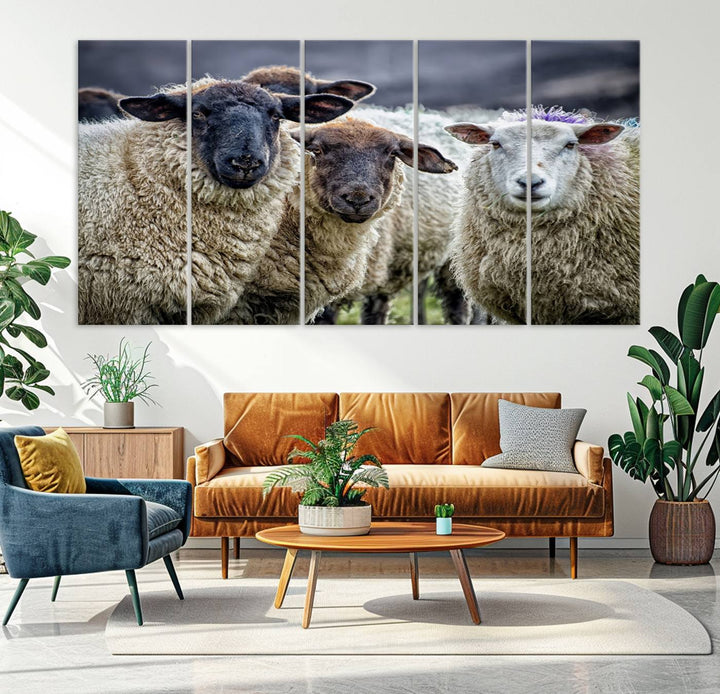 The Charming Sheep Portrait Wall Art hangs on a wooden wall.