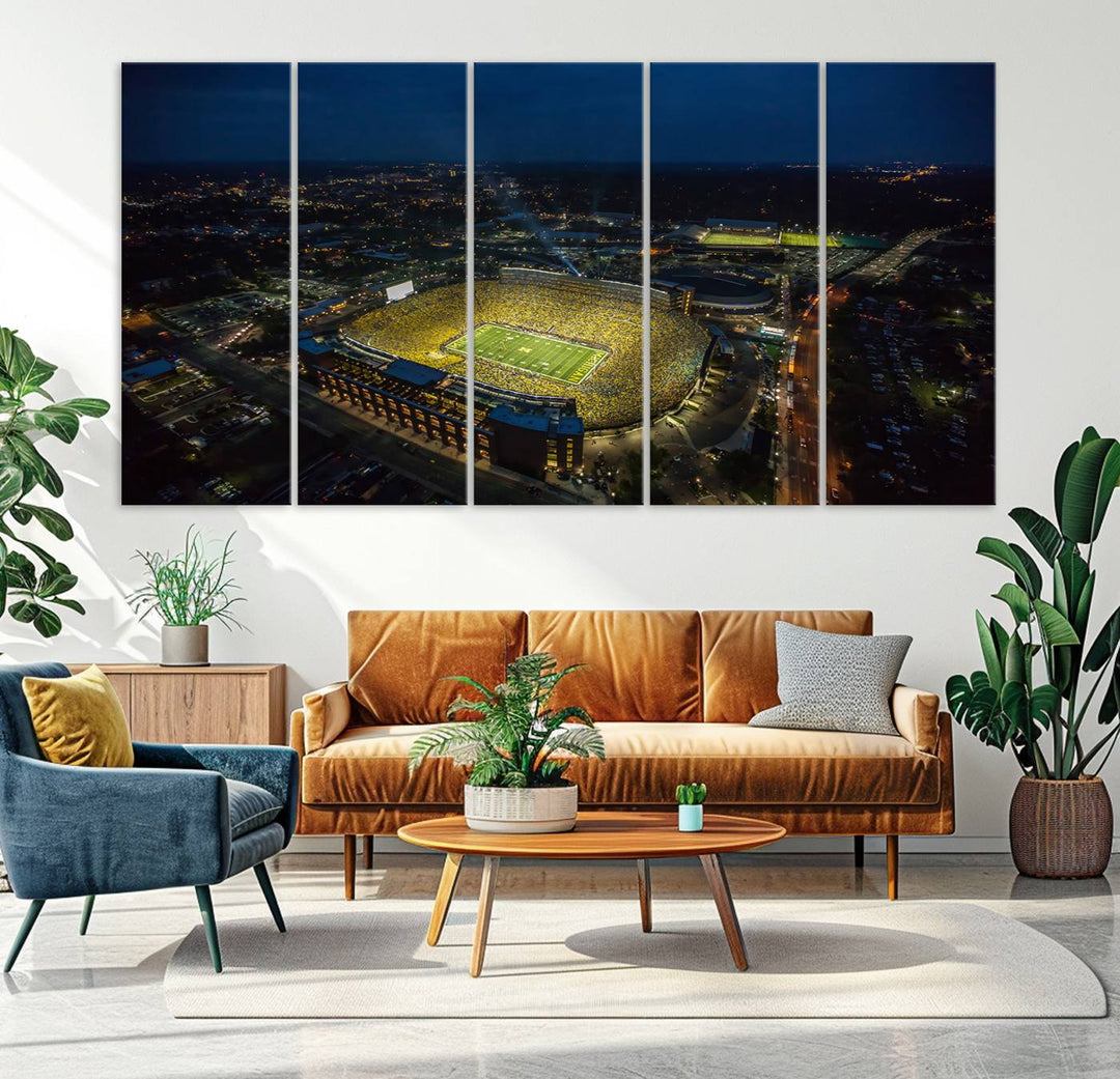 Aerial view of Michigan Stadium nightlife on canvas – Framed, ready-to-hang sports arena wall art.