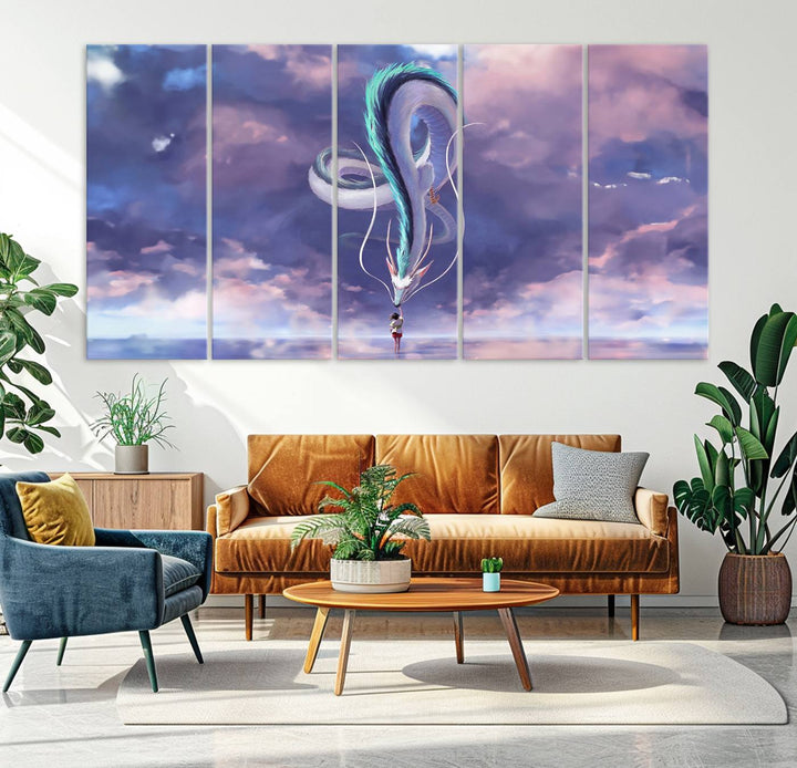 The Spirited Away Haku and Chihiro poster captures a cherished scene for anime lovers under a colorful, cloudy sky.