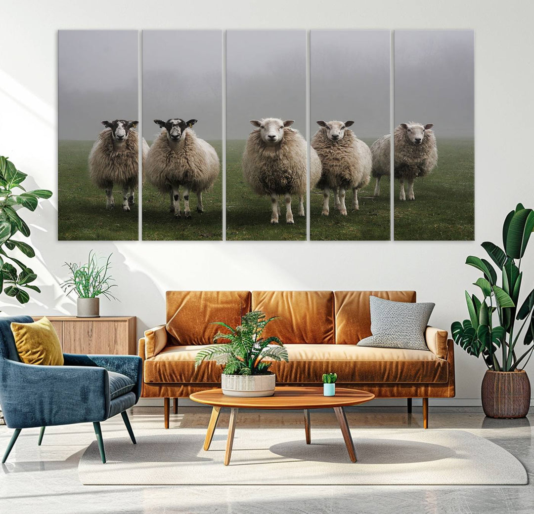 The Flock of Sheep in a Mystical Fog canvas print is framed and ready to hang.