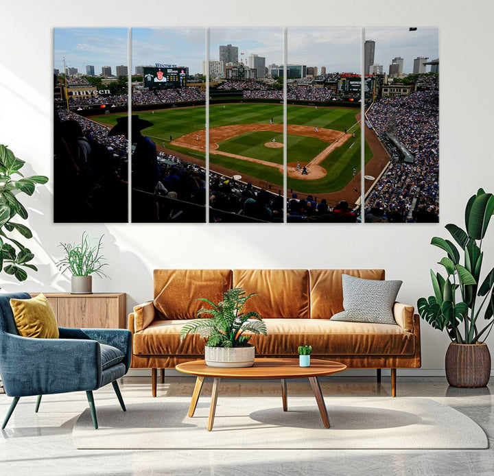 Admire this museum-quality canvas print of a Chicago Cubs game with a cityscape view from the stands at Wrigley Field.