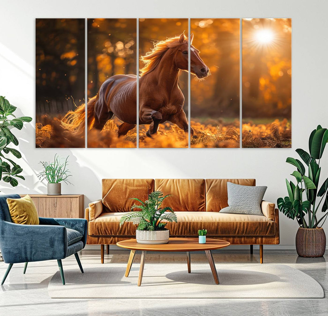 The Running Horse Sunset Forest Wall Art Canvas Print showcases a gallop in an autumn forest with sunlight streaming through the trees.