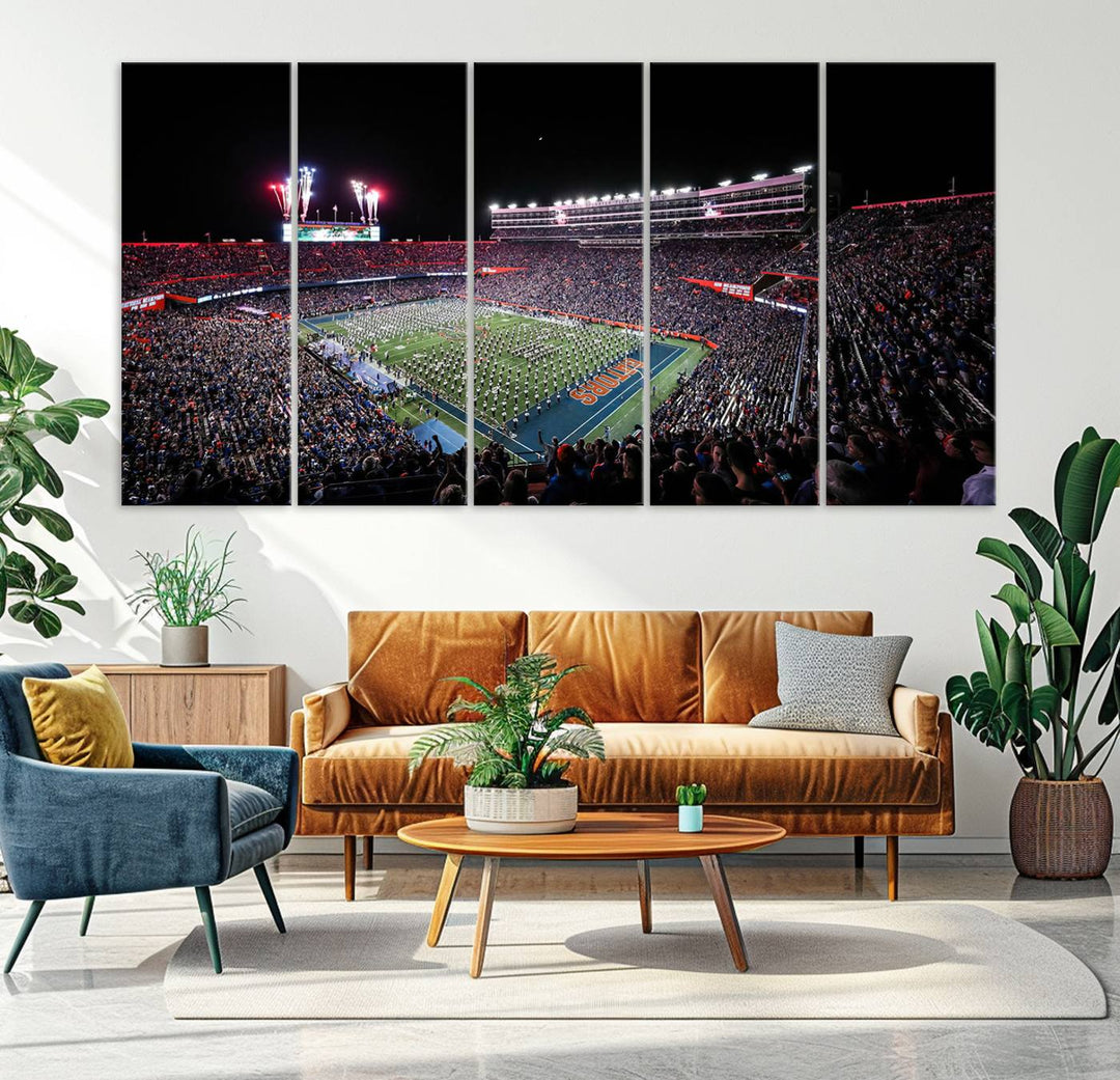 The Gators Night Game Canvas Art captures a lively night at Ben Hill Griffin Stadium with vibrant fireworks and the energy of a live band.