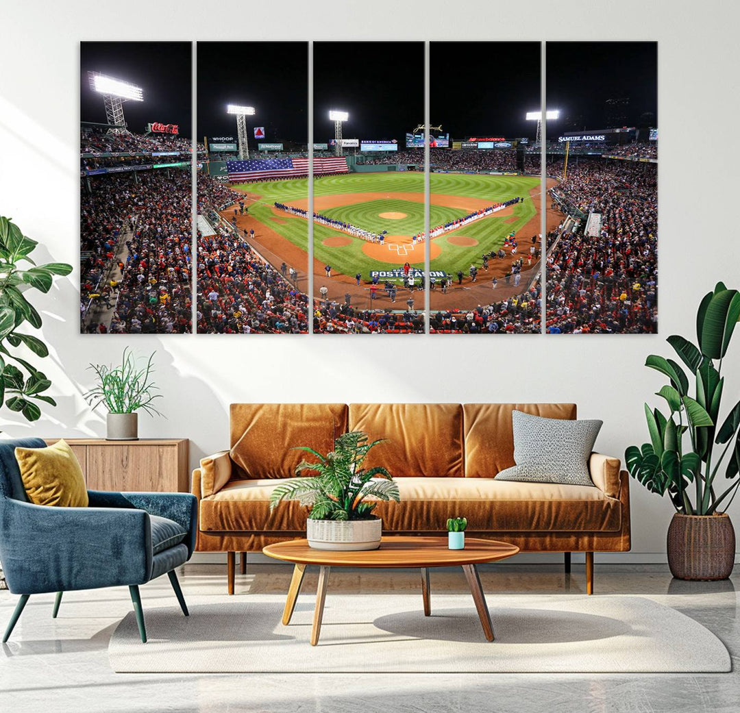 The Fenway Park Wall Art Canvas Print showcases a stunning aerial view of Bostons iconic ballpark at night, making it an ideal piece for any Red Sox enthusiast.