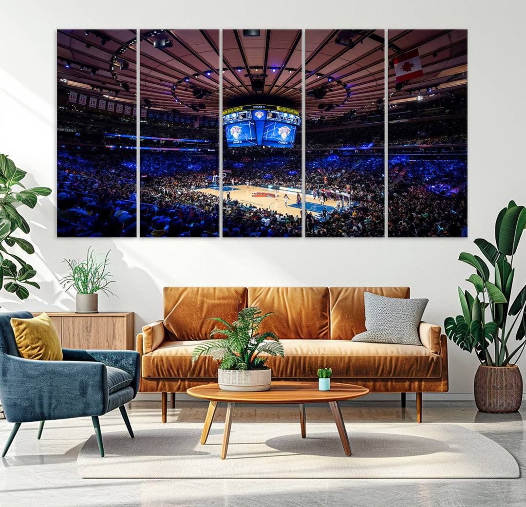 A print depicting an NBA game at Madison Square Garden, highlighting the scoreboard.