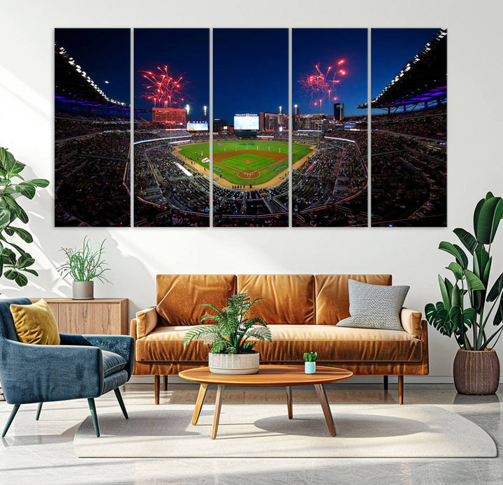 Truist Park wall art: fireworks over a Braves crowd, a large 3-panel canvas, framed and ready-to-hang.