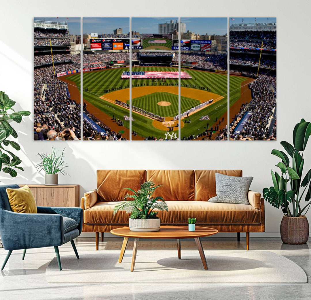 The Yankee Stadium New York wall art print features a vibrant scene of baseball fans with a large flag and players, expertly capturing the spirit of the game. This ready-to-hang décor is perfect for adding a dynamic touch to any space.