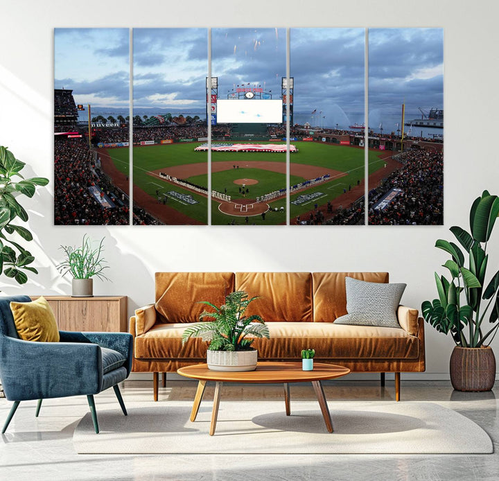 This framed 3-panel canvas MLB wall art features a giant flag and fans under a cloudy sky at Oracle Park.