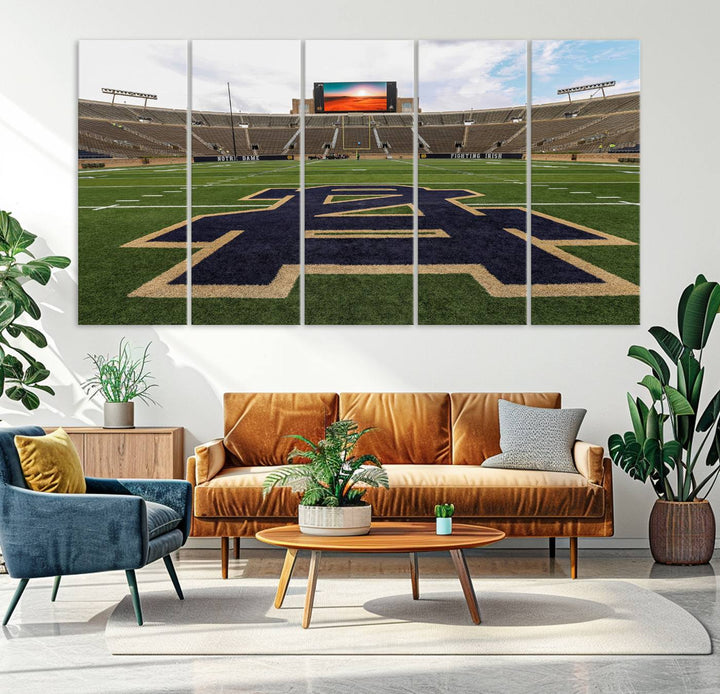 Notre Dame Stadium Triptych: This ready-to-hang giclee canvas print features a vibrant depiction of the football field adorned with an A logo and a stunning sunset.