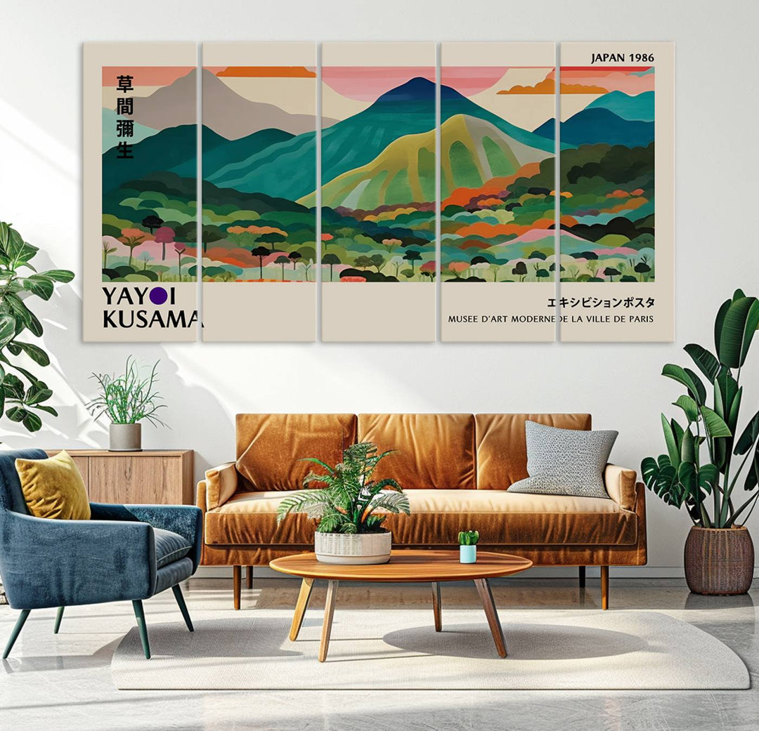 Vibrant Kusama landscape canvas featuring floral mountains and botanical decor, ideal for a modern home.