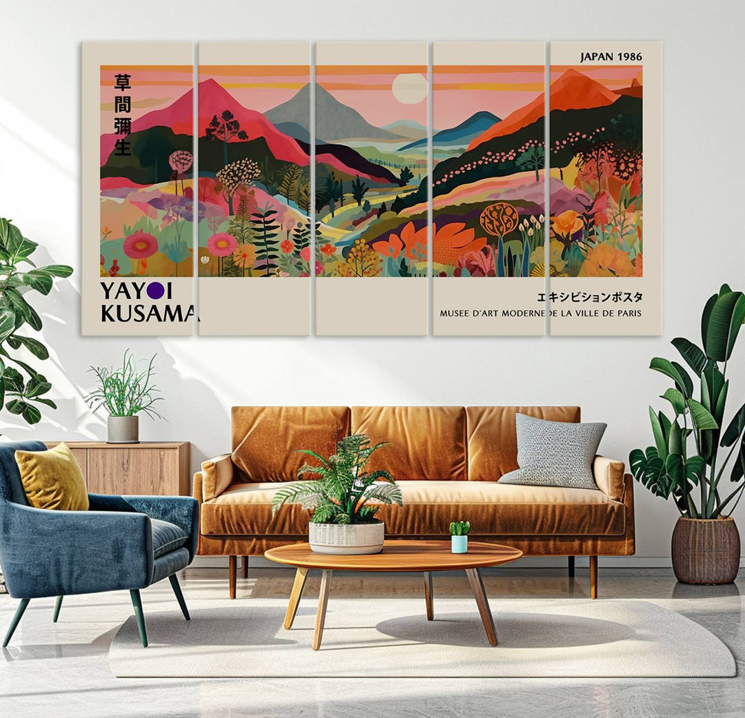 The Yayoi Kusama Landscape Print features vibrant floral mountains with abstract designs, ideal for modern decor.