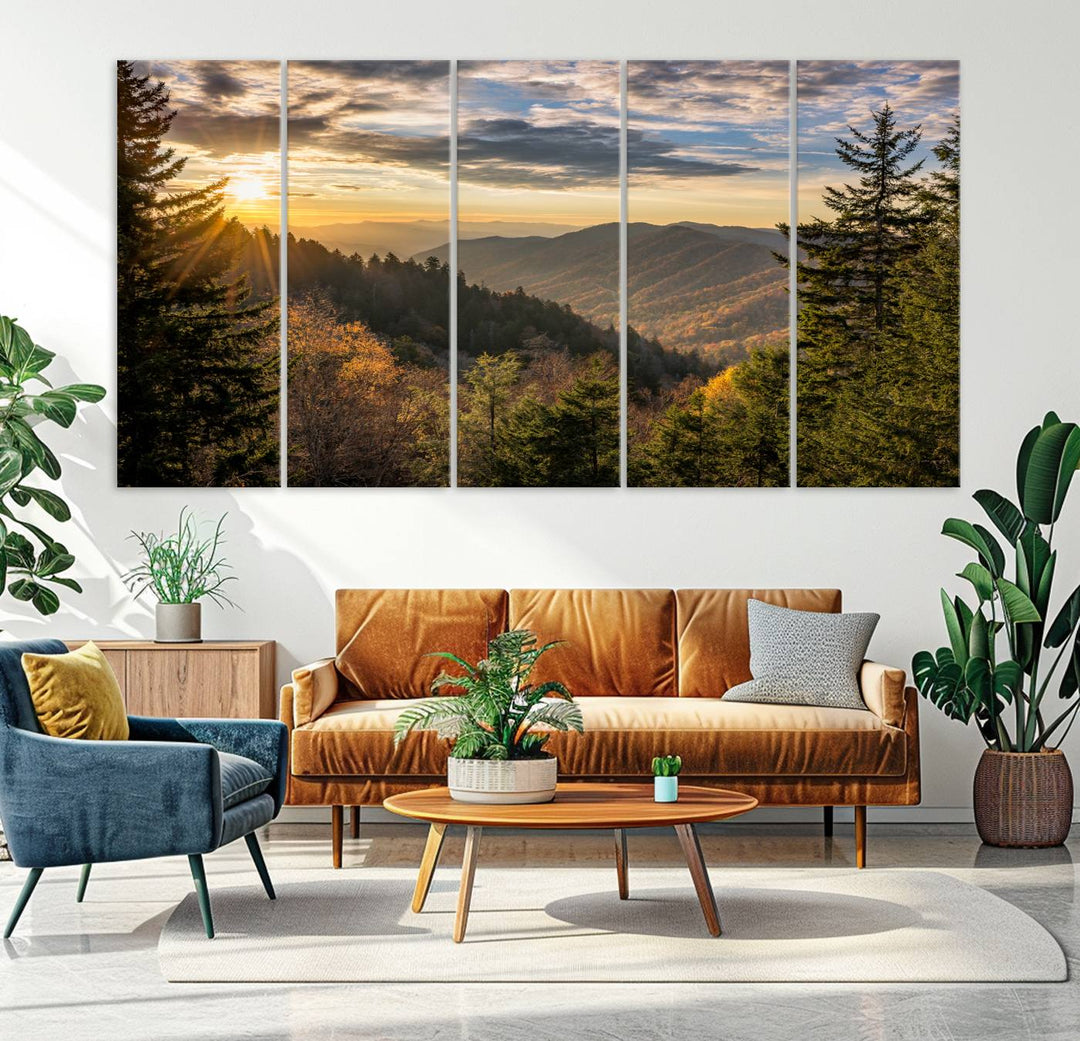 The dining area is beautifully decorated with the Sunrise Over the Smoky Mountains Canvas Wall Art – a breathtaking scenic landscape photography in a stunning triptych that's ready to hang.