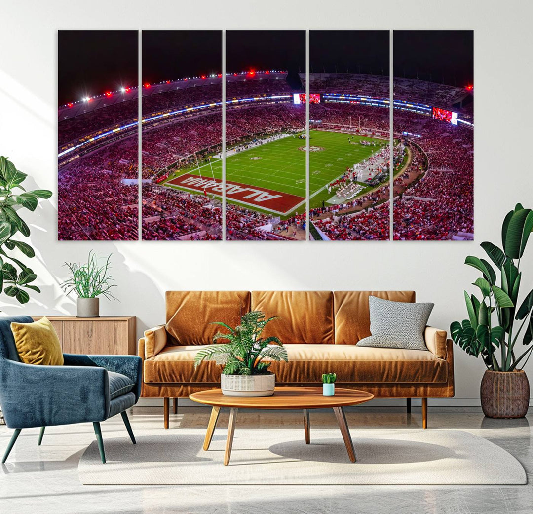 The living room features a Bryant-Denny Stadium Night Game Triple Canvas Wall Art.