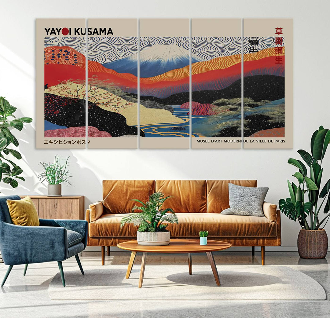 A framed Yayoi Kusama 1986 wall art print, showcasing vibrant abstract landscapes with a Wabi Sabi influence, is prominently displayed as a Japanese wall art piece.