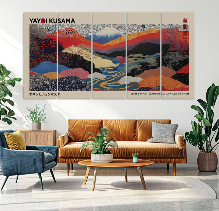 The room showcases Kusamas 1986 vibrant abstract landscape wall art print.