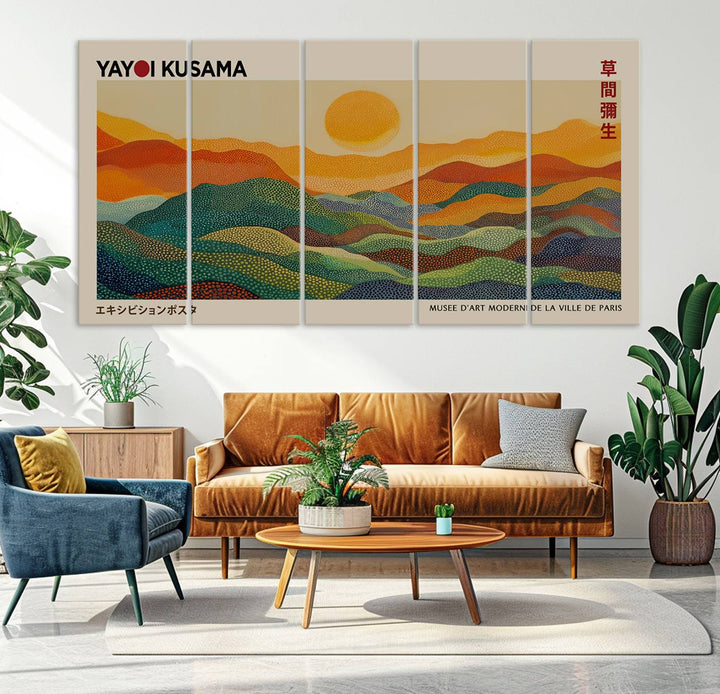 The vibrant abstract landscape depicted in the three-panel "Framed Yayoi Kusama 1986 Wall Art Print" seamlessly integrates nature-inspired décor.