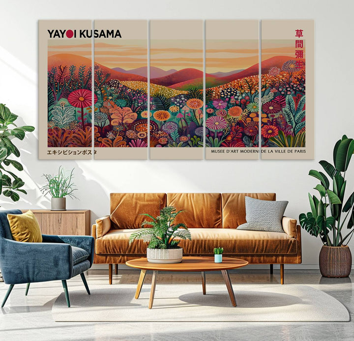 A framed Yayoi Kusama abstract landscape art print adorns the wall.