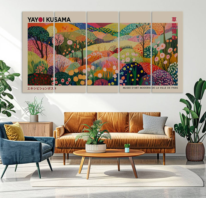 The Framed Yayoi Kusama 1986 Wall Art Print, a vibrant abstract landscape canvas inspired by Japanese design, adds a striking element to the bright room.