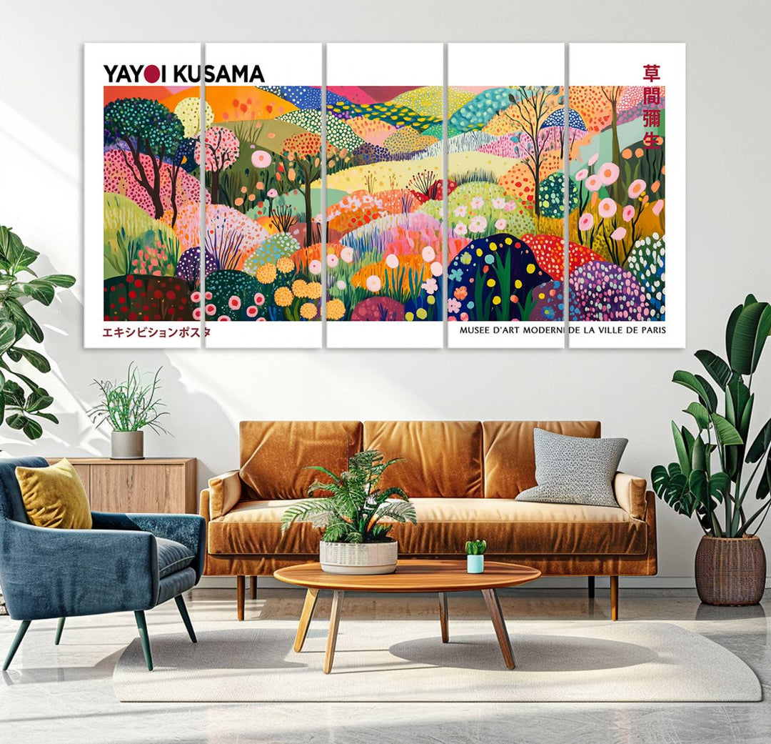 Three vibrant, abstract Yayoi Kusama wall art prints adorn a black wall, creating a perfect blend of contemporary décor.