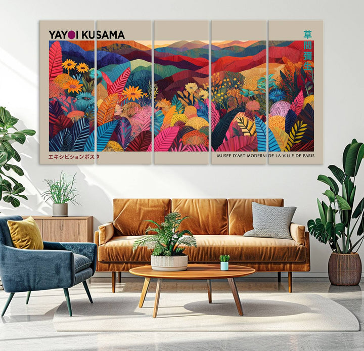 A Yayoi Kusama 1986 wall art print adds color in a modern living room.