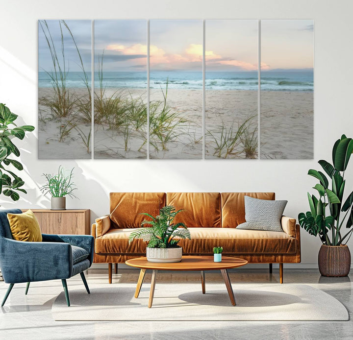 Flight Over Coastal Beach print on UV canvas displayed against white walls.