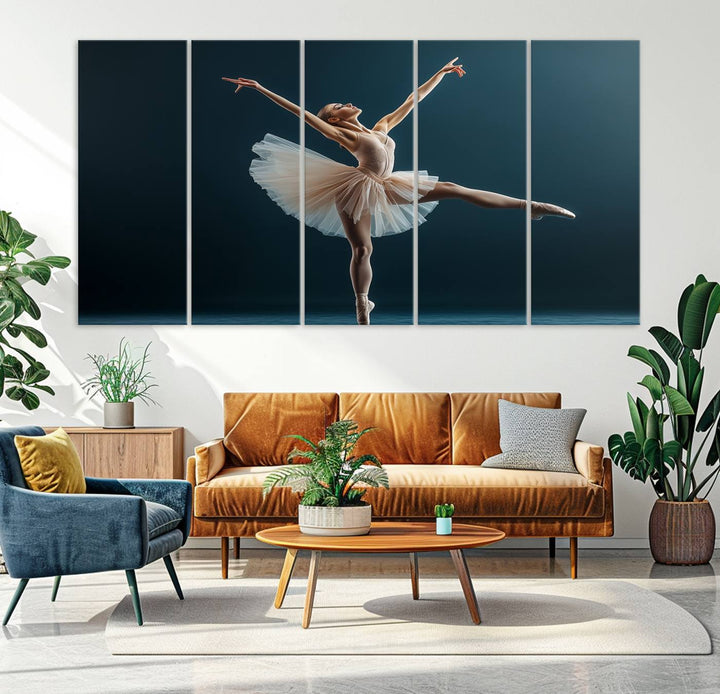 This stunning Ballerina Canvas Wall Art Print captures the elegance of a ballet dancer in motion, beautifully highlighted against a stage-like backdrop with delicate decor and natural elements. As graceful dance-inspired wall decor, it adds an element of grace and movement to any living room, office, or bedroom and is ready to hang.