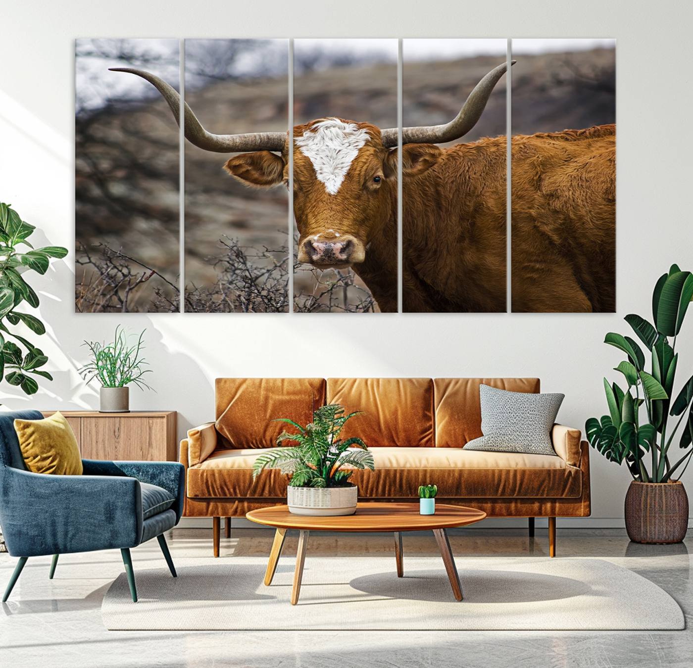 71797-MGV-CV-36X24-Texas Longhorn Canvas Wall Art - Longhorn Steer Canvas Wall Art Print- Rustic Western Animal Print, Large Longhorn Decor for Living Room,