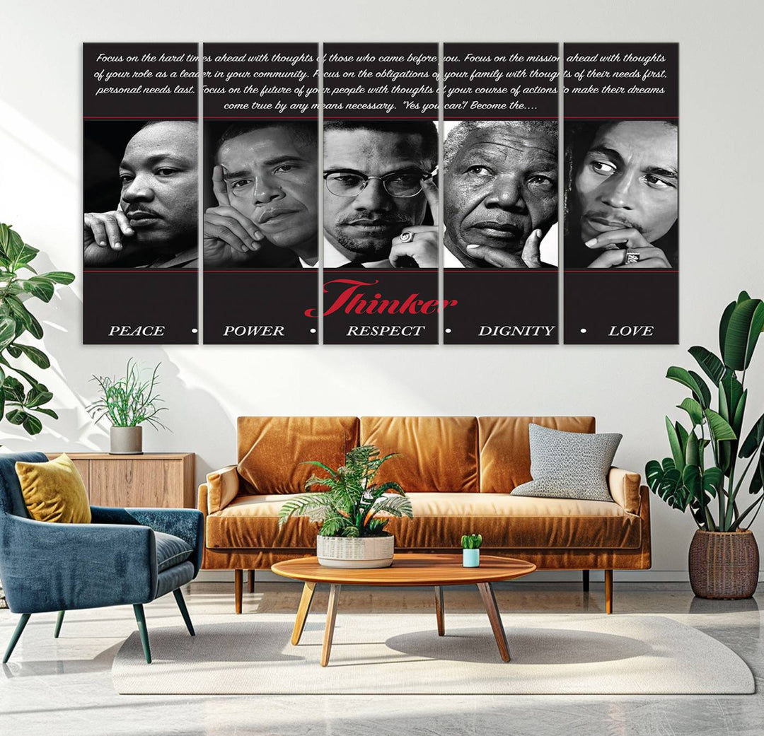 The wall art is a black and white piece featuring iconic figures accompanied by the words Thinker Peace Power Respect Dignity.