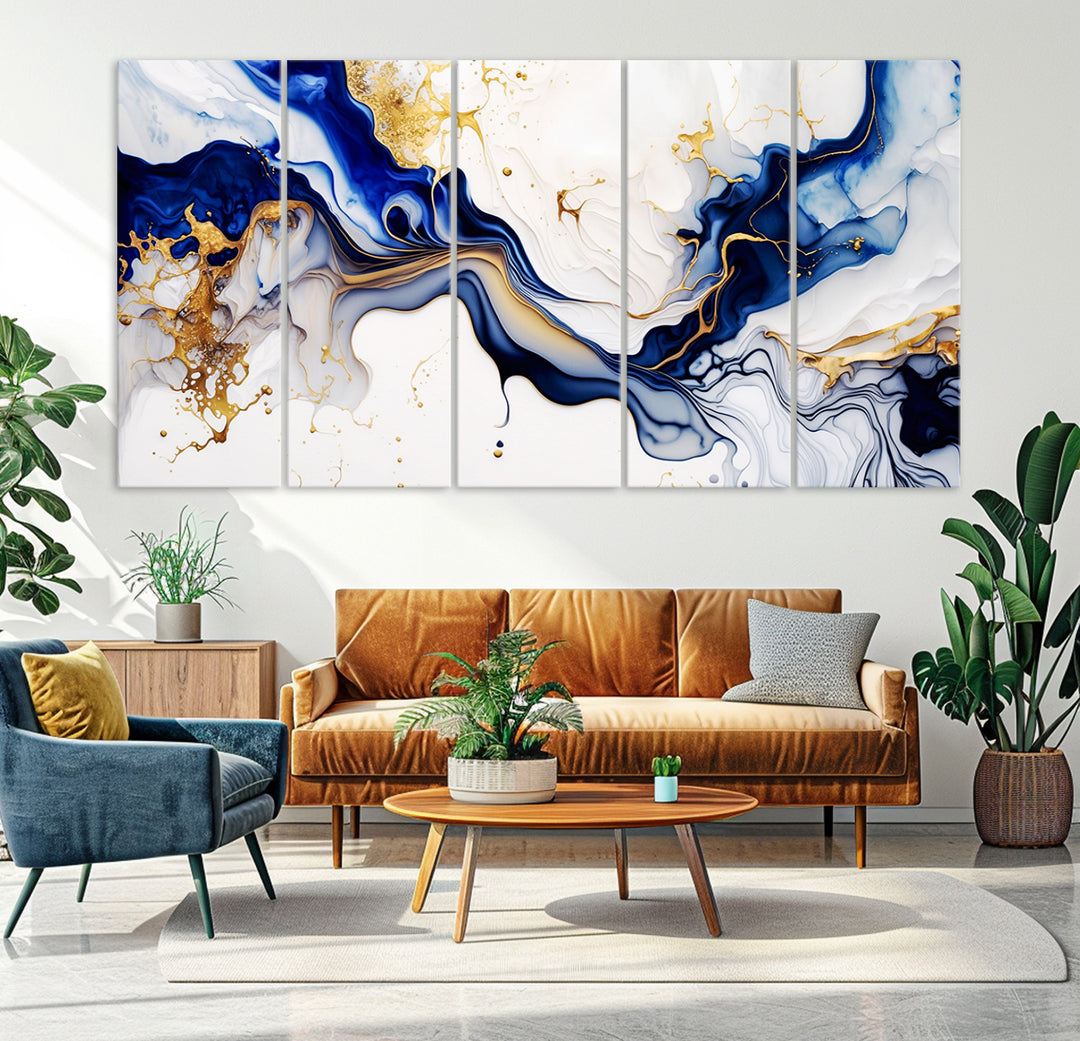 Golden Cascades on Midnight Blue – Abstract Flowing Elegance | Wall Art Canvas, Framed & Ready to Hang