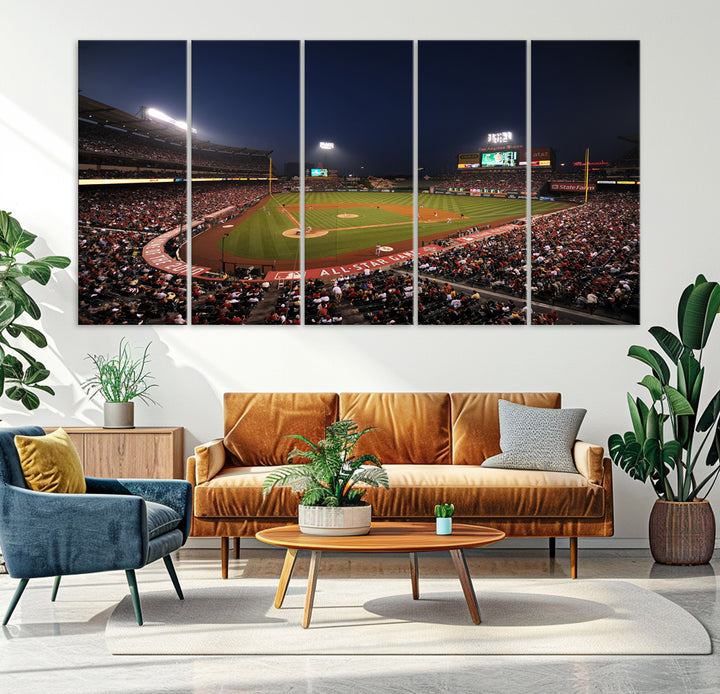 Aerial view of an LA Angels game at night, captured as stunning wall art on premium canvas, handmade in the USA.