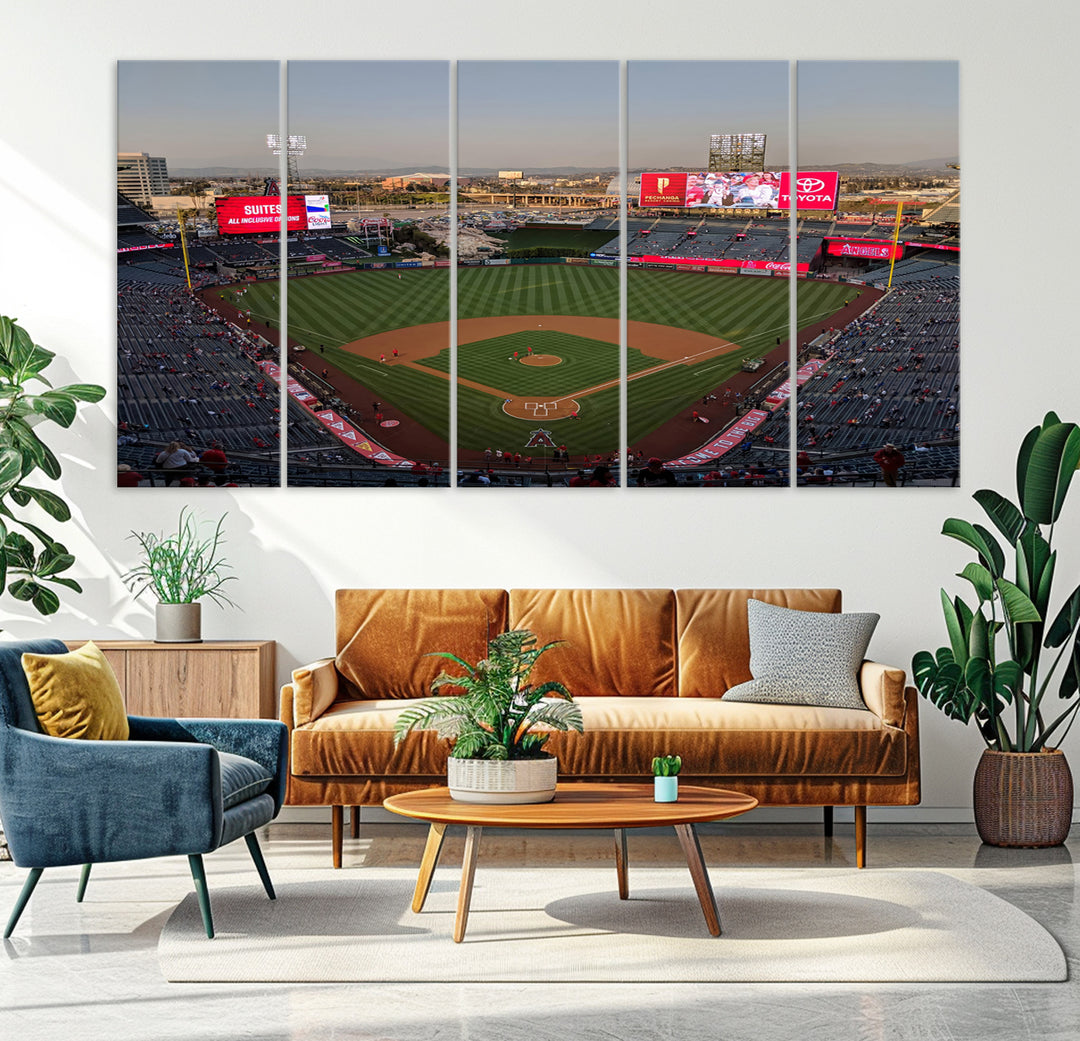 Aerial view of Angel Stadium, perfect as gallery-quality wall art - Los Angeles Angels Canvas Print.